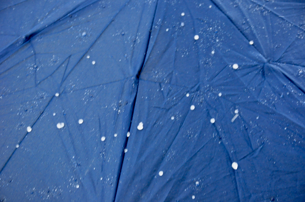 hail on Lee Duquette's umbrella